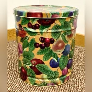 Vtg Fruit Design Lithographed Metal Lidded BERTELS CAN CO. Canister Tin